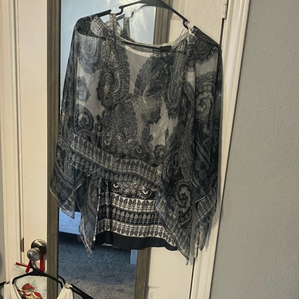 Covington Asymmetrical Sheer Black and White Blouse